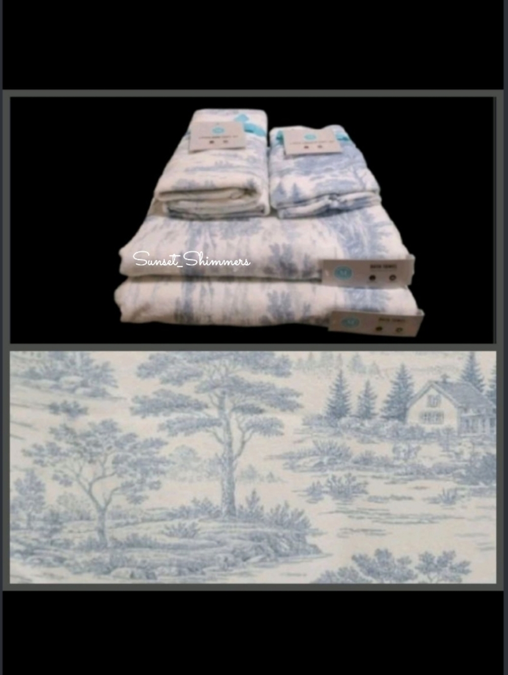 6pc Martha Stewart Blue Toile Velour Bath Hand Tip Towel Set 100% Cotton NEW